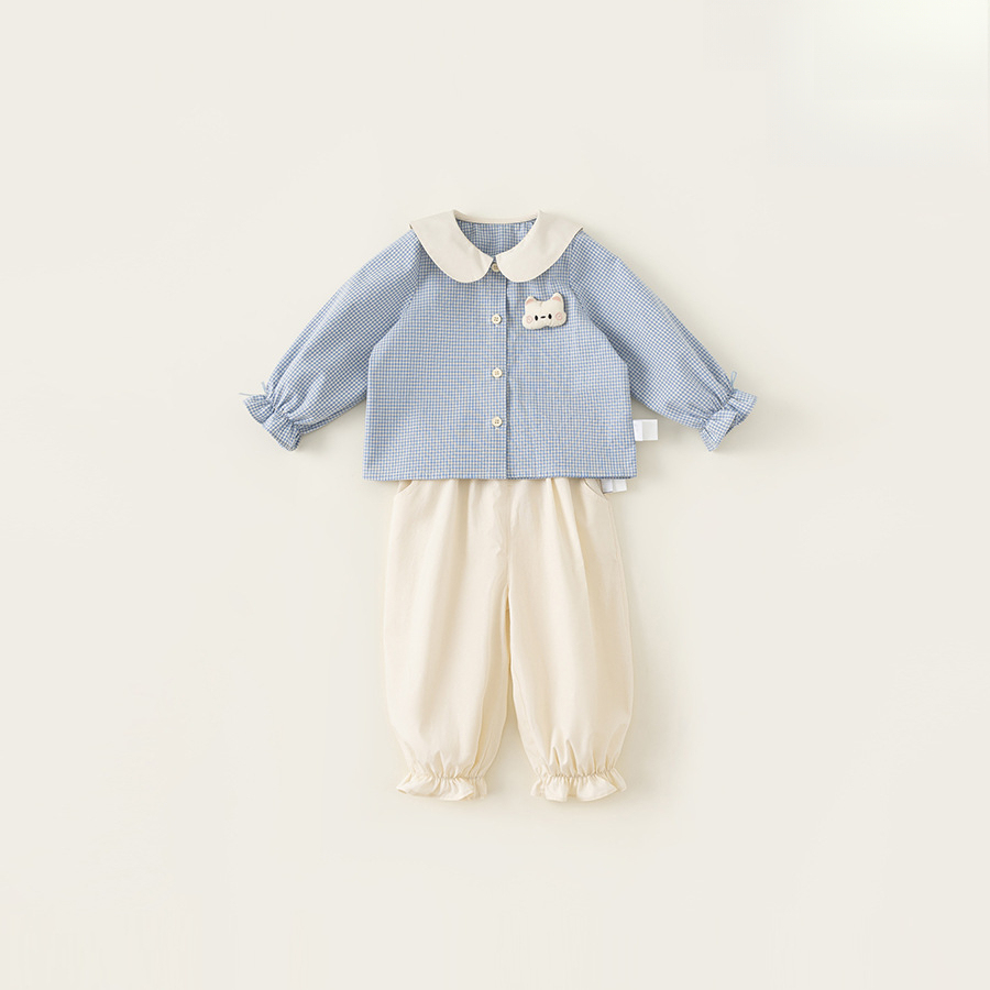 童裝女寶寶襯衫長褲兩件套25春季新款女童娃娃領格子上衣套裝