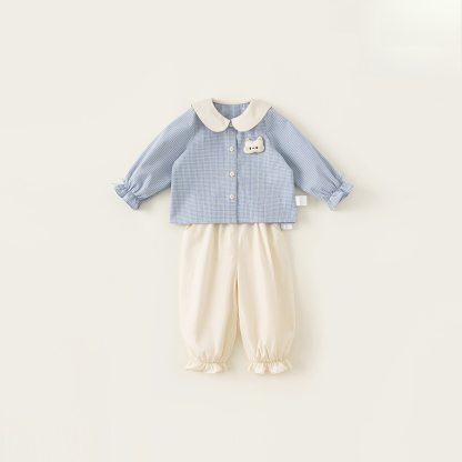 童裝女寶寶襯衫長褲兩件套25春季新款女童娃娃領格子上衣套裝