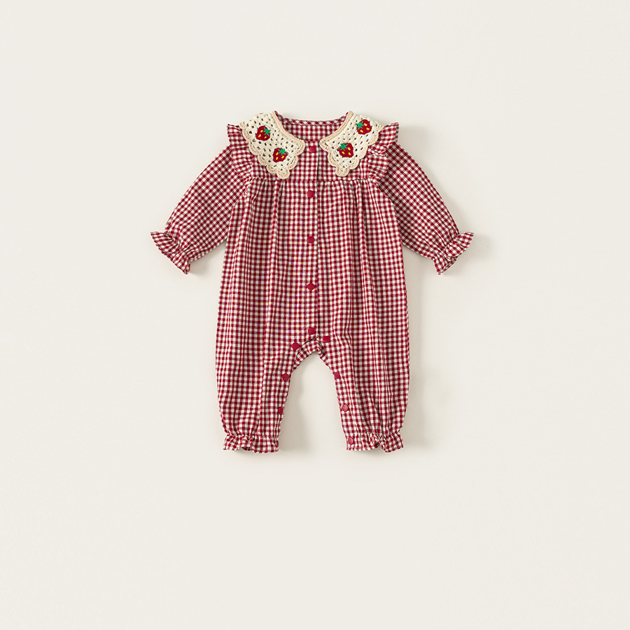 秋季新款童裝女寶寶衣服格紋編織翻領新生兒爬服女童連體衣