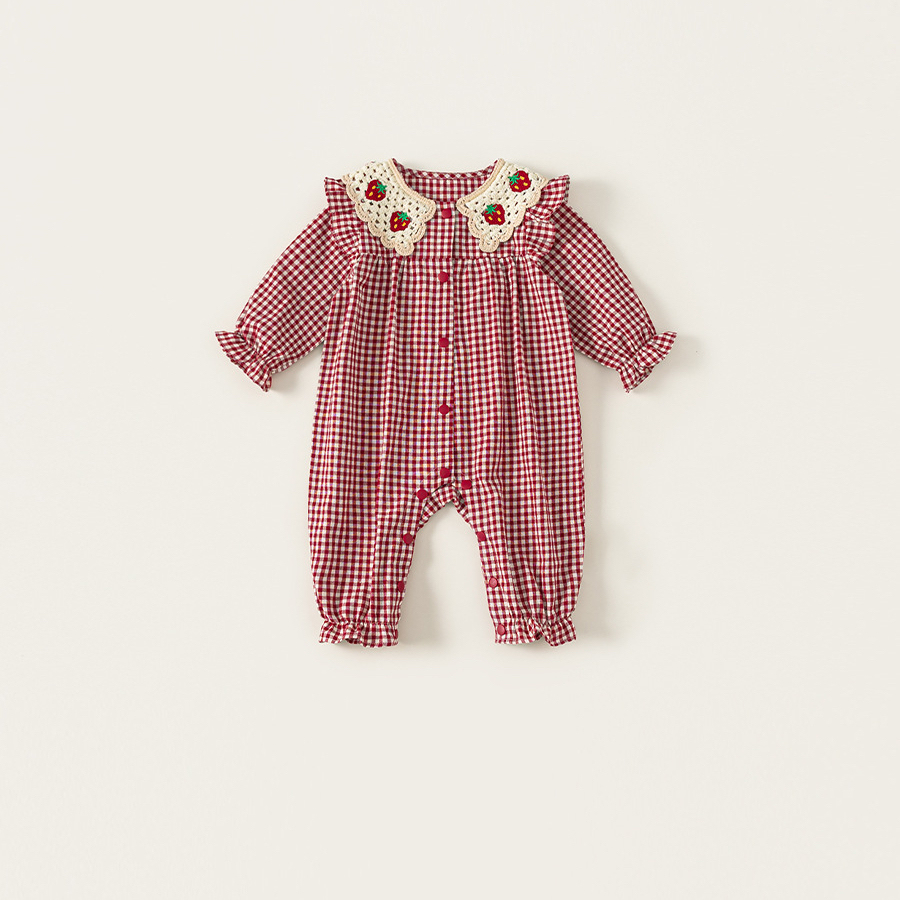 秋季新款童裝女寶寶衣服格紋編織翻領新生兒爬服女童連體衣