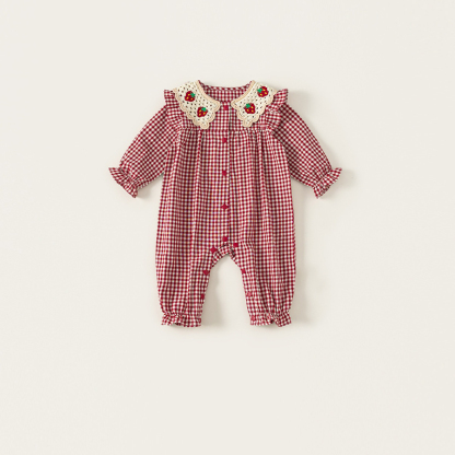 秋季新款童裝女寶寶衣服格紋編織翻領新生兒爬服女童連體衣