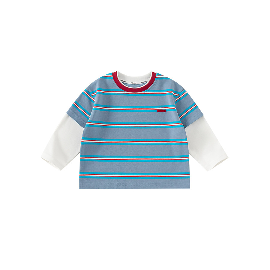 童裝男童T恤春季新款中小童假兩件條紋拼色時尚休閒兒童上衣