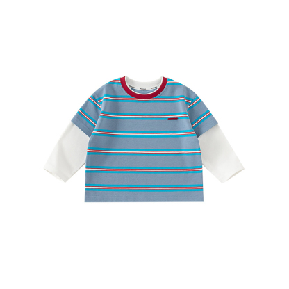 童裝男童T恤春季新款中小童假兩件條紋拼色時尚休閒兒童上衣