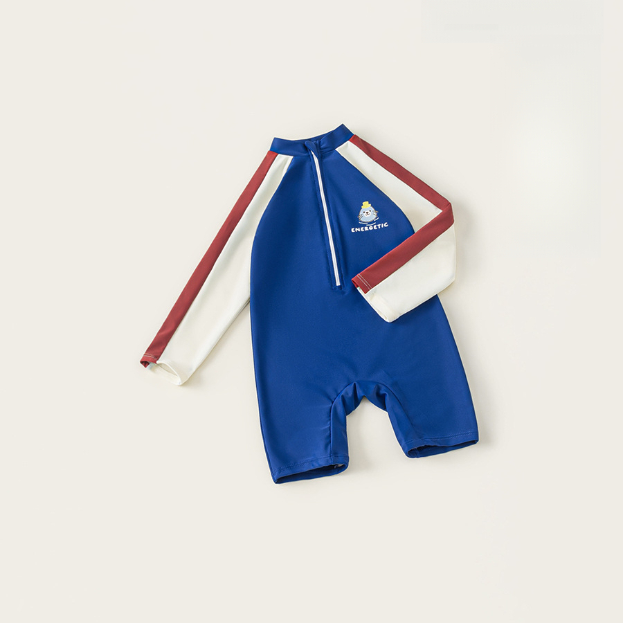 童裝夏季兒童游泳衣簡約印花長袖立領拼色連體泳衣男童泳裝