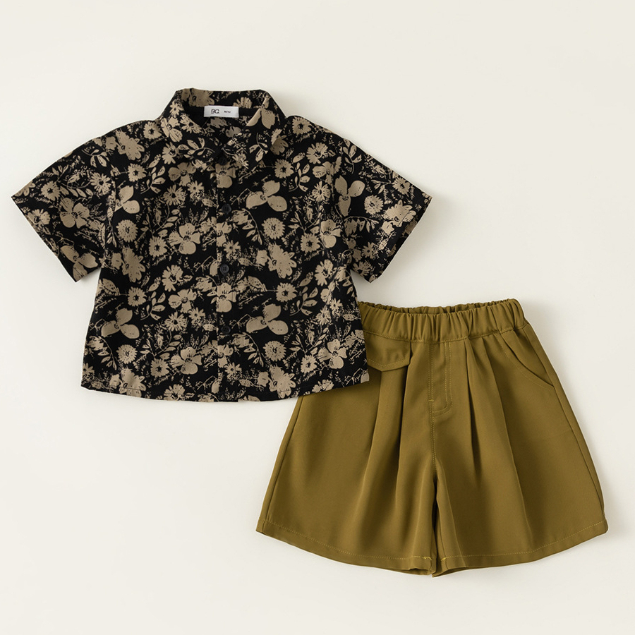 童裝男童套裝兒童碎花襯衫中褲港風復古夏裝兩件套海灘度假風