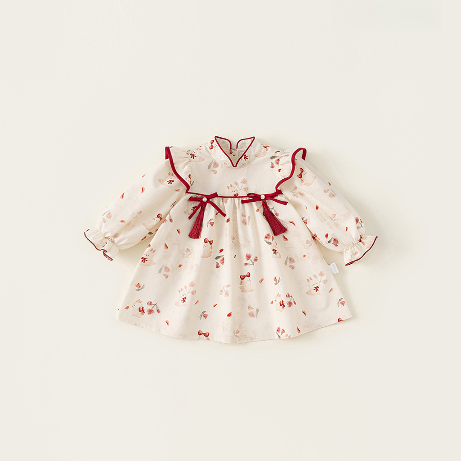 童裝2025年秋季新款女童碎花連衣裙兒童蝴蝶結長袖公主裙
