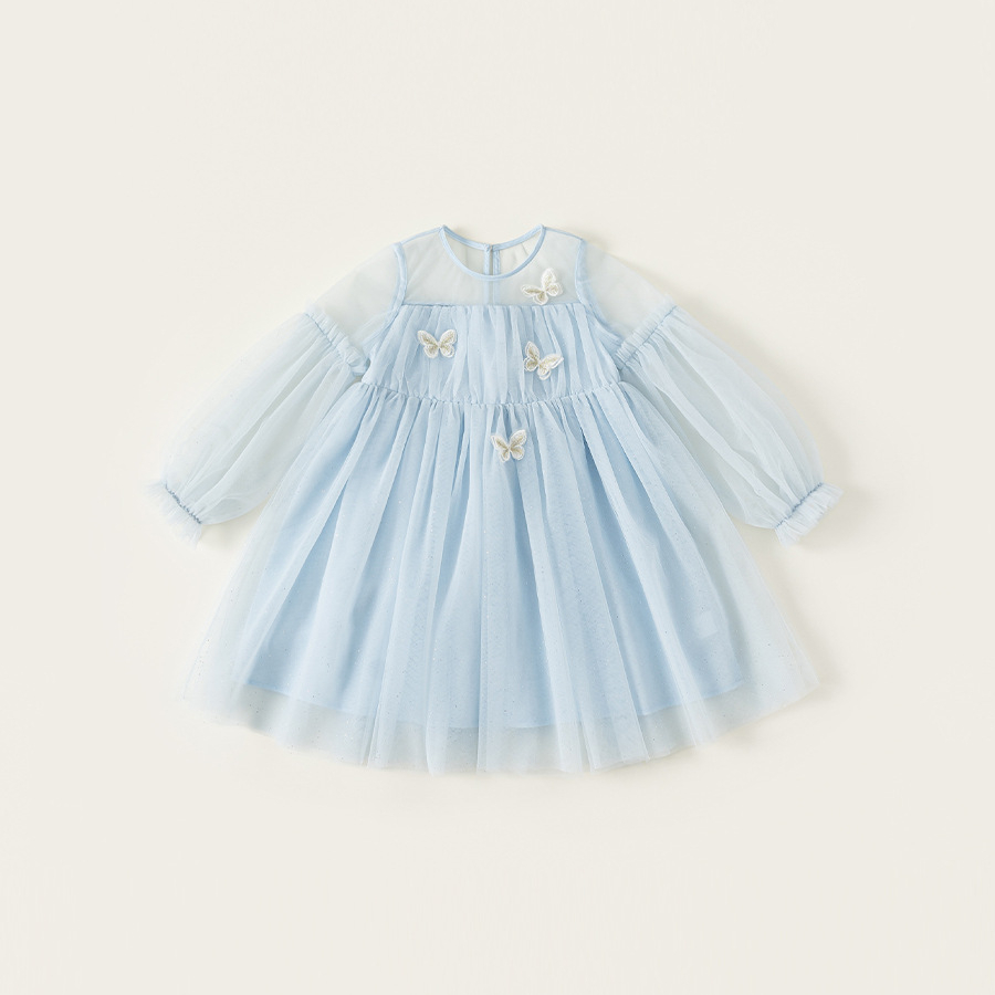 童裝女童連衣裙藍色女孩子公主裙仙女裙生日亮片兒童網紗裙