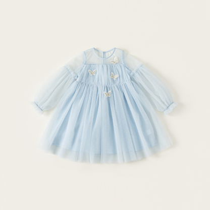 童裝女童連衣裙藍色女孩子公主裙仙女裙生日亮片兒童網紗裙