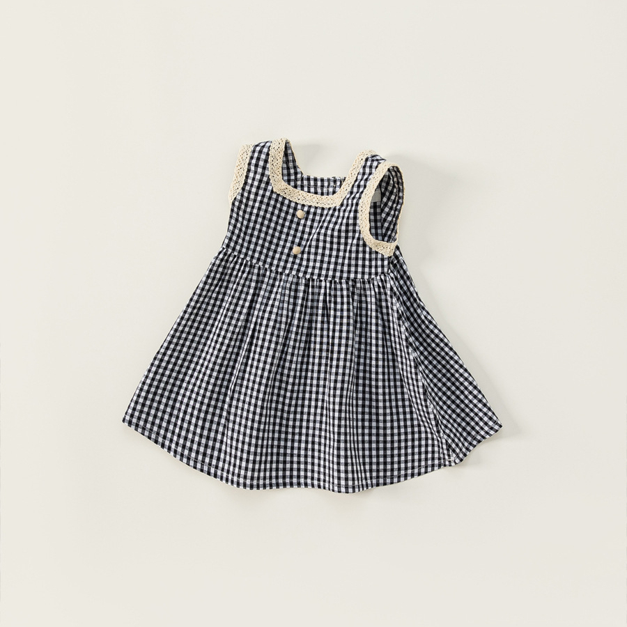 童裝夏季氣質女寶寶裙子韓版女童格子裙方領黑白小童連衣裙