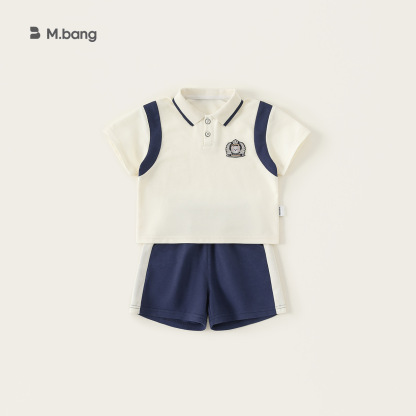 童裝男童套裝繡標休閒撞色Polo衫簡約休閒男小童短褲兩件套