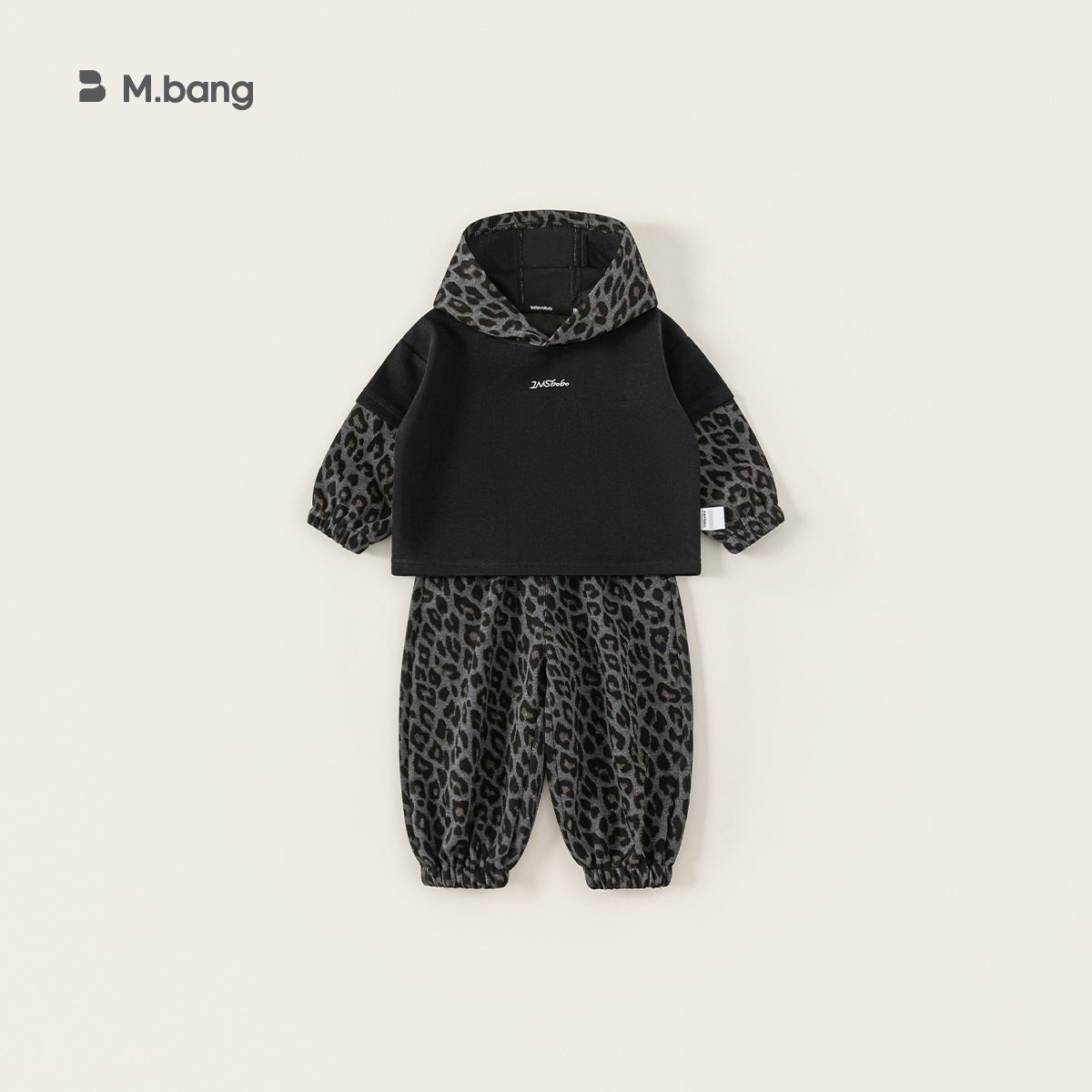 童裝男童套裝春新品豹紋假兩件連帽衛衣束腳褲兒童帥氣兩件套