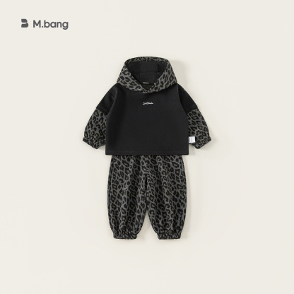 童裝男童套裝春新品豹紋假兩件連帽衛衣束腳褲兒童帥氣兩件套