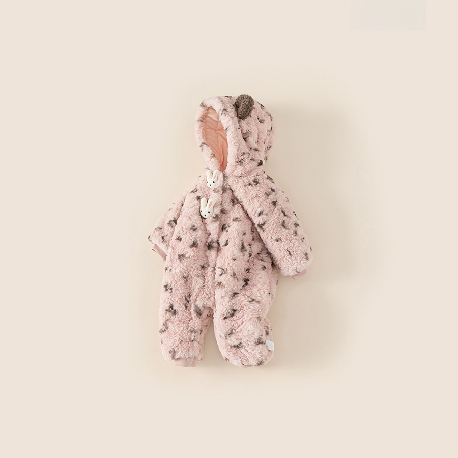 童裝女寶寶冬季保暖連體衣嬰兒加絨保暖毛毛衣豹紋寶寶衣服