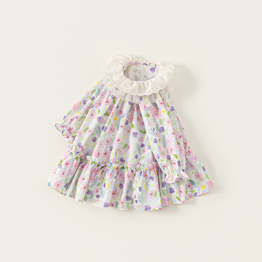 童裝女童連衣裙彩色寬鬆兒童裙子春季新品花邊領寶寶長袖裙子