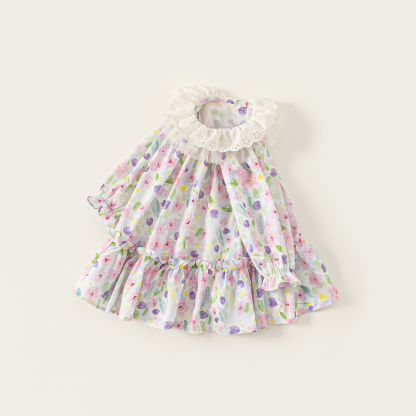 童裝女童連衣裙彩色寬鬆兒童裙子春季新品花邊領寶寶長袖裙子