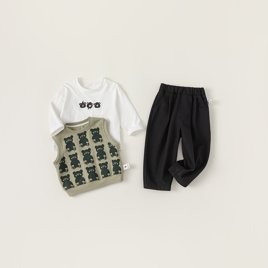 童裝寶寶套裝2025春裝嬰幼兒休閒三件套兒童卡通馬甲寶寶裝