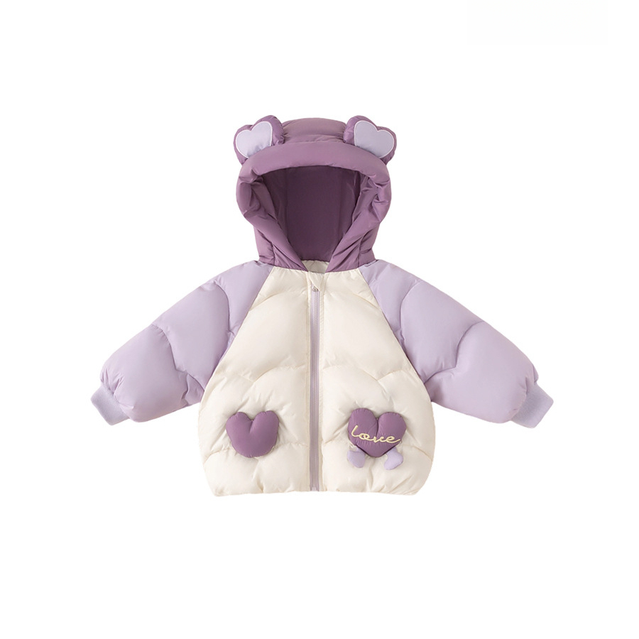 童裝冬款兒童上衣保暖衣服拼色愛心女寶寶連帽外套女童羽絨服