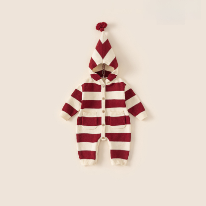 新款冬季童裝男寶寶連體衣撞色條紋針織衫魔法帽女童連體衣