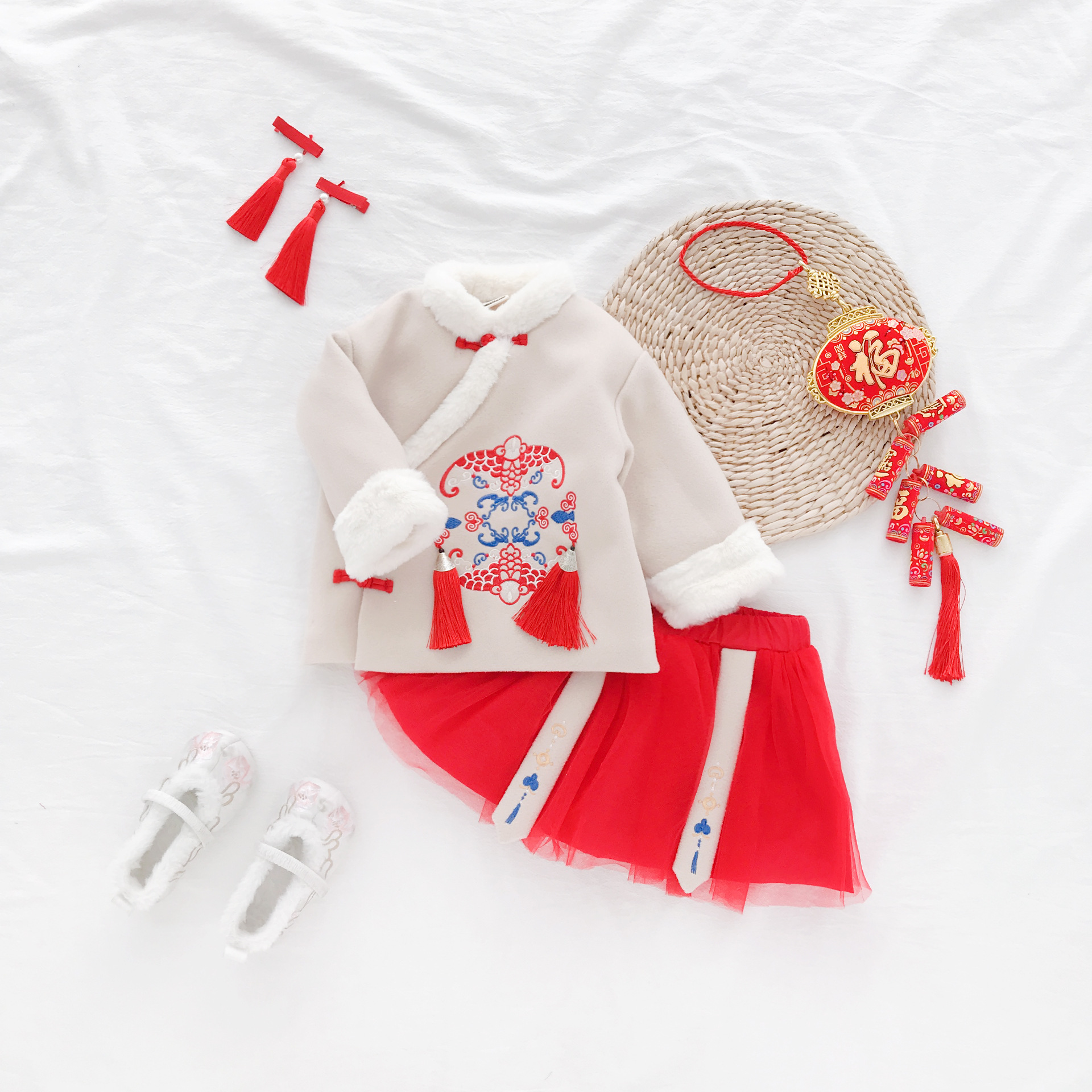 童裝兒童套裝冬季國風男女童加厚兒童新年衣服兩件套