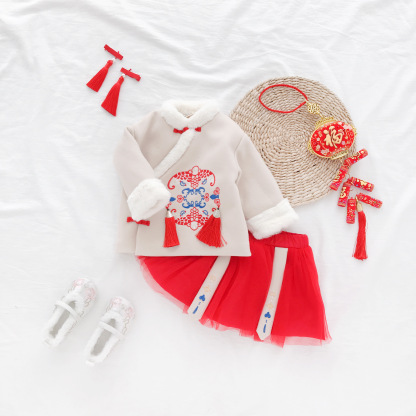 童裝兒童套裝冬季國風男女童加厚兒童新年衣服兩件套