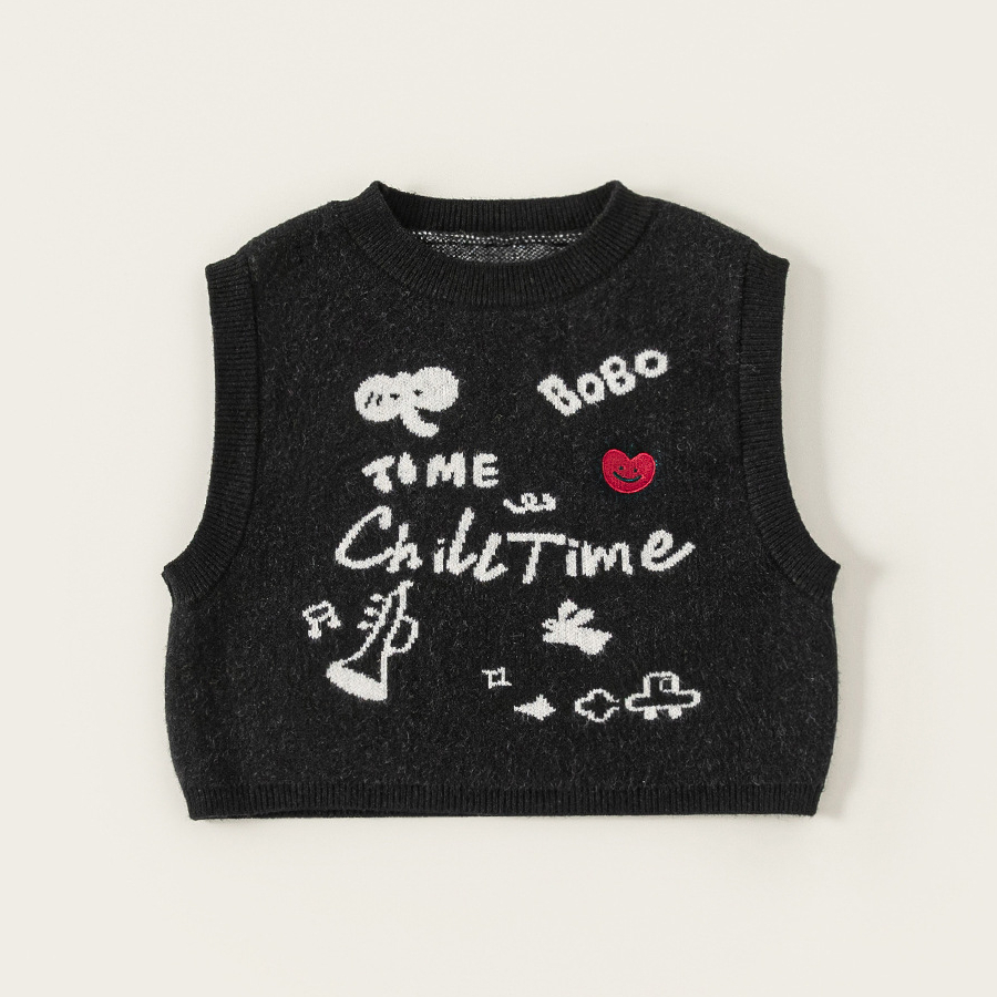 童裝女童馬甲印花圓領中小童無袖上衣春季新品毛線兒童背心