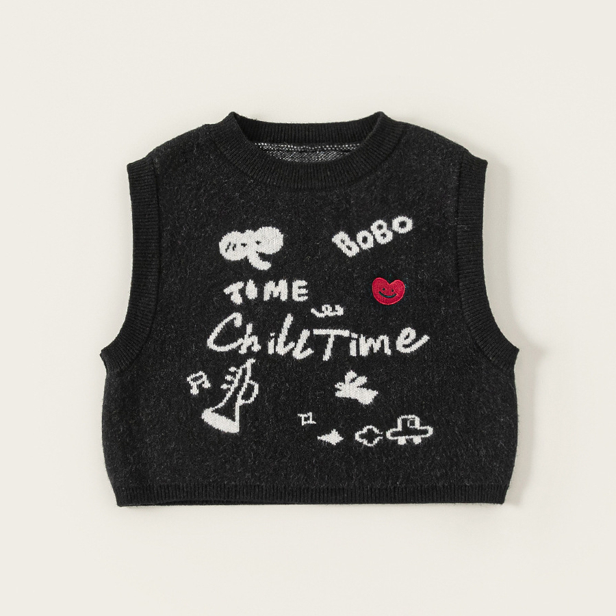 童裝女童馬甲印花圓領中小童無袖上衣春季新品毛線兒童背心