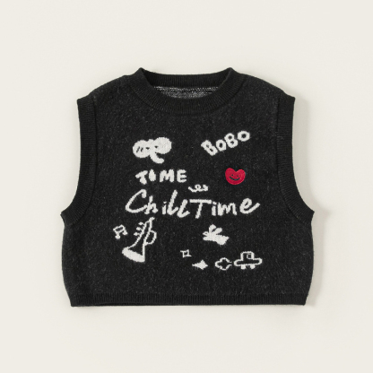 童裝女童馬甲印花圓領中小童無袖上衣春季新品毛線兒童背心