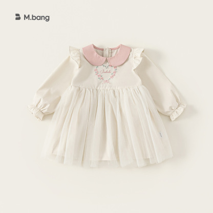 童裝女童連衣裙春季寬鬆中小童長袖網紗裙撞色娃娃領兒童裙子