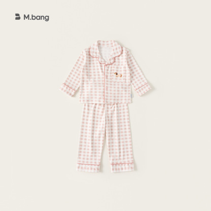 童裝兒童秋季女童睡衣純棉套裝格子男童長褲寶寶保暖家居服