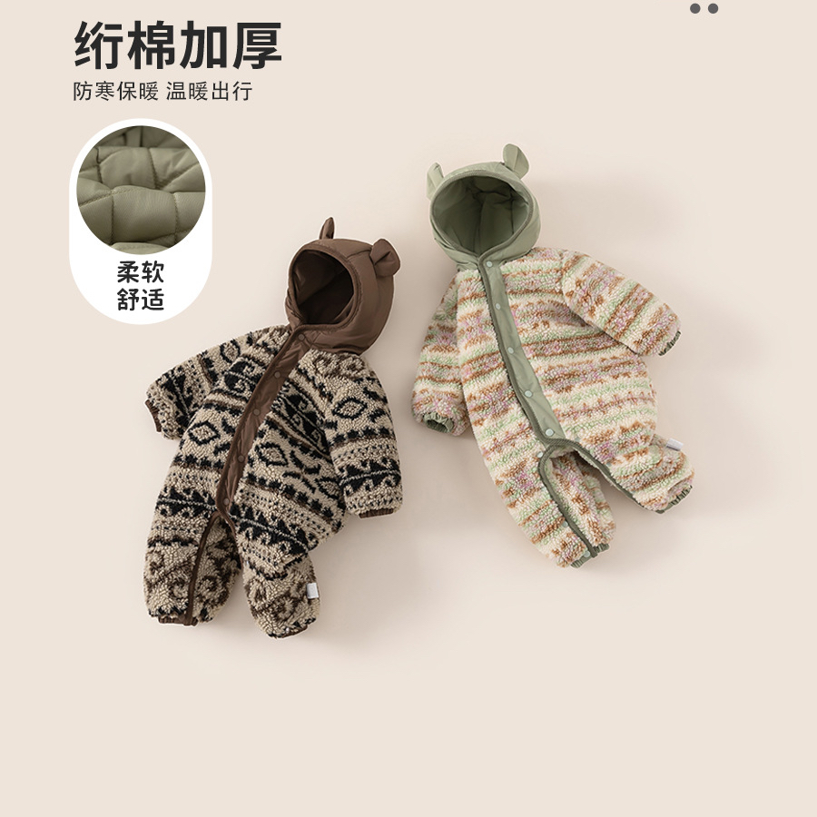 嬰幼兒外出服冬季新品寶寶連體衣服兒童拼接花色連帽爬服