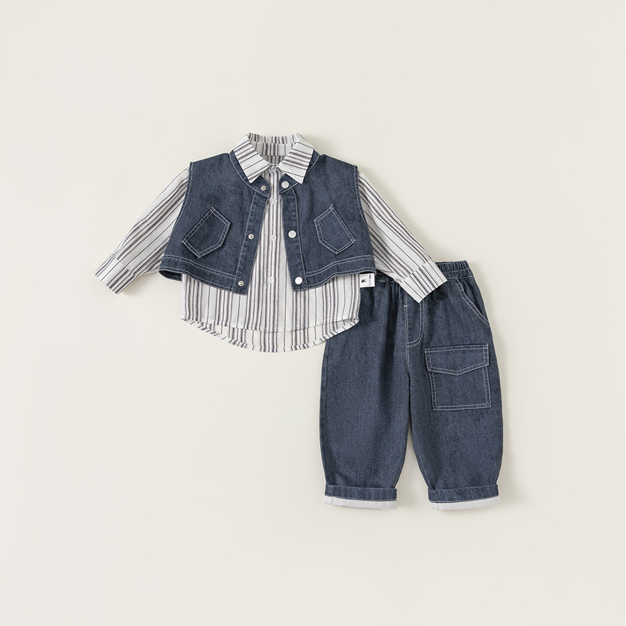 兒童套裝韓版童裝炸街痞帥秋款條紋長袖襯衫馬甲男童三件套