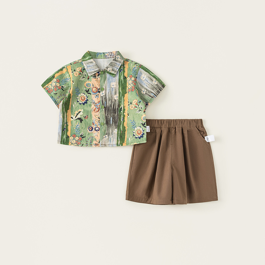 童裝男童夏裝兩件套年新款兒童短袖塗鴉襯衣寶寶短褲套裝
