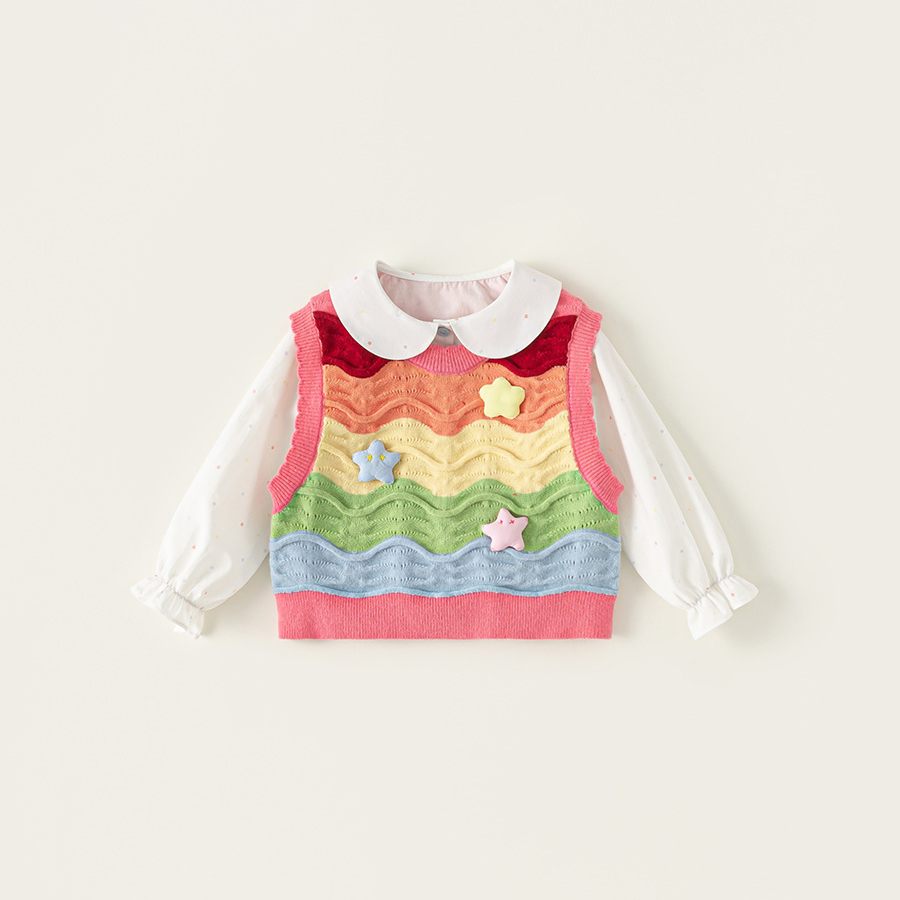 童裝女童白色襯衫彩色條紋毛線馬甲兩件套兒童套裝