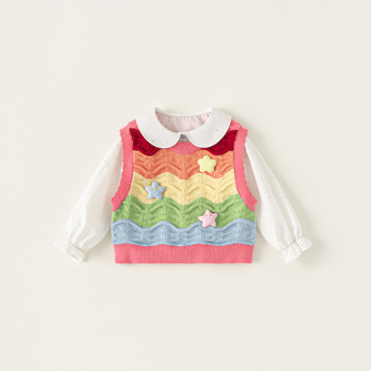 童裝女童白色襯衫彩色條紋毛線馬甲兩件套兒童套裝