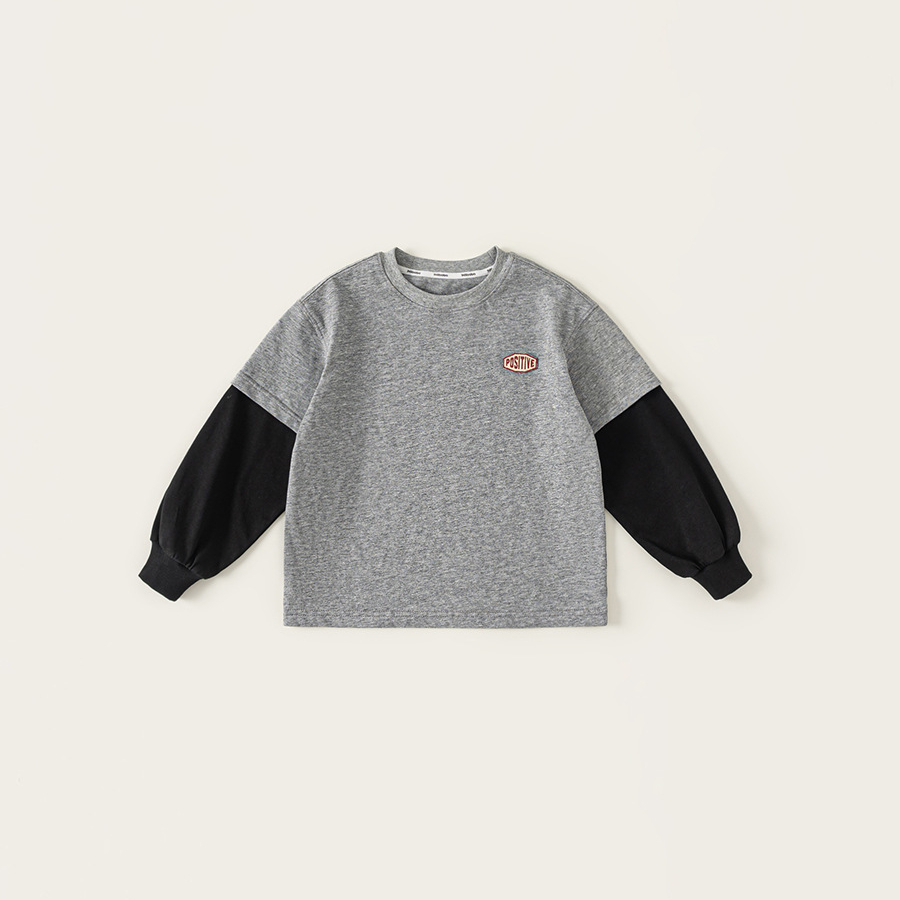 童裝兒童秋季上衣假兩件T恤拼色衣服男孩子繡標內搭男童長袖