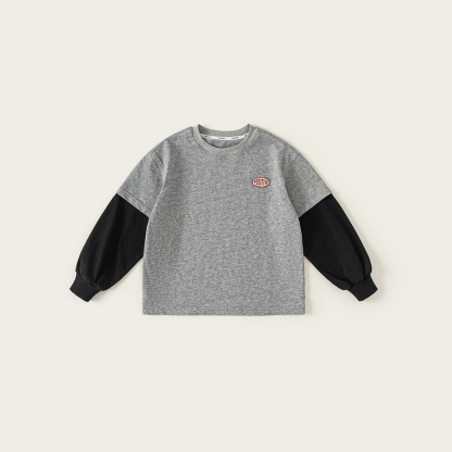 童裝兒童秋季上衣假兩件T恤拼色衣服男孩子繡標內搭男童長袖