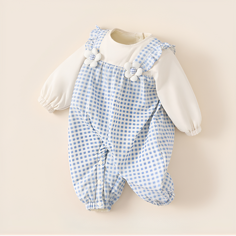 嬰童秋裝假兩件揹帶褲格紋花邊新生兒衣服寶寶連體衣女童爬服
