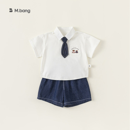 童裝男童套裝兒童學院風襯衫牛仔褲寶寶班服兩件套女童裝園服