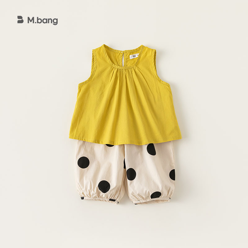 童裝女童夏裝波點印花九分褲純色無袖上衣兩件套時尚套裝潮