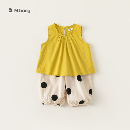 童裝女童夏裝波點印花九分褲純色無袖上衣兩件套時尚套裝潮