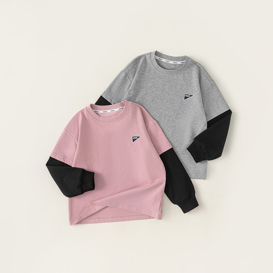男童春秋款百搭上衣簡約假兩件撞色T恤童裝中大童長袖