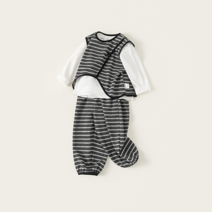 童裝男童套裝春季新品設計感背心純色打底衫條紋褲女童三件套