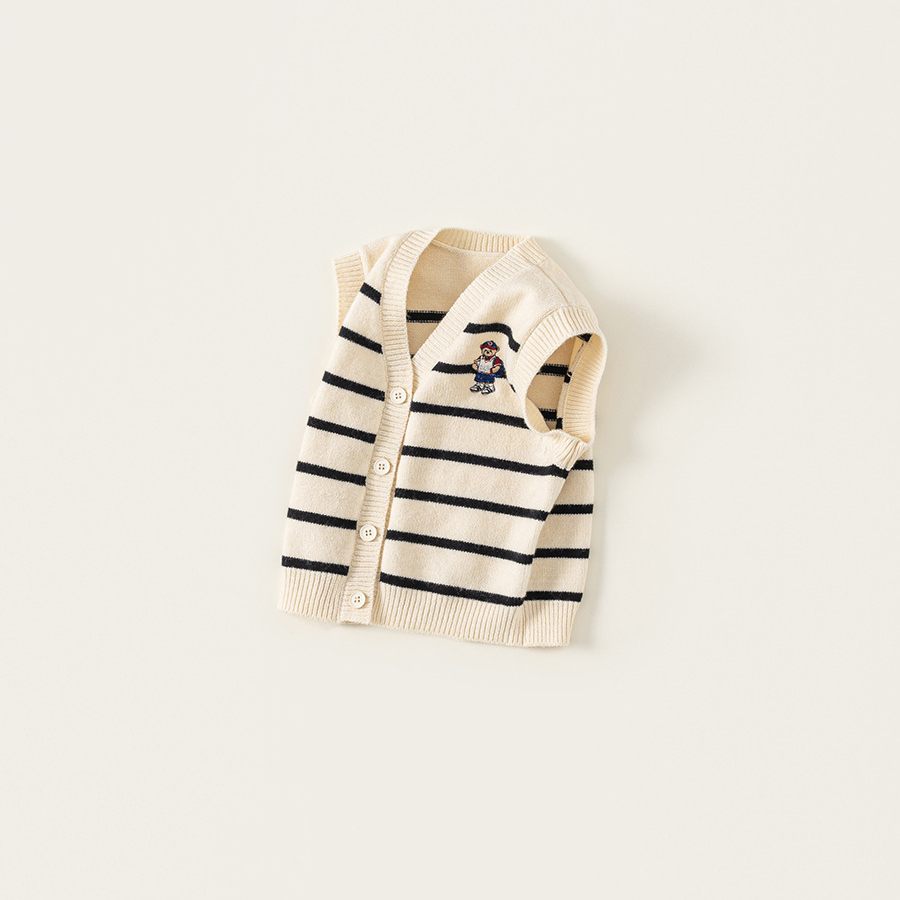 童裝新款秋裝小熊刺繡兒童上衣針織條紋無袖背心男童毛衣馬甲