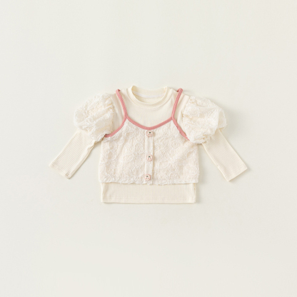 童裝新款女童上衣泡泡袖打底衫吊帶兩件套女孩子洋氣套裝秋裝