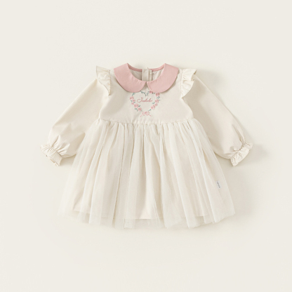 童裝女童連衣裙春季寬鬆中小童長袖網紗裙撞色娃娃領兒童裙子