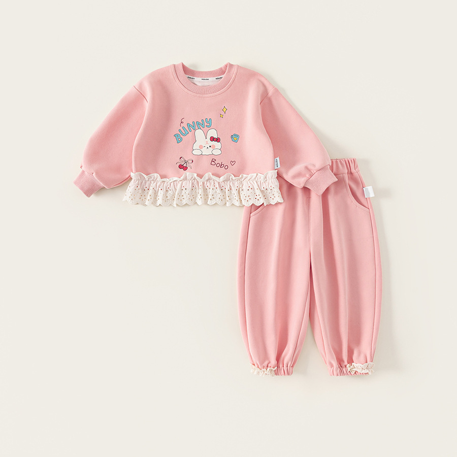 童裝女童套裝粉色花邊衛衣套頭衫束腳褲兒童兩件套小童運動裝