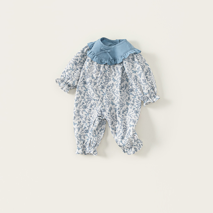 童裝新款女寶寶衣服洋氣碎花秋裝兒童連體衣花邊領女童爬服