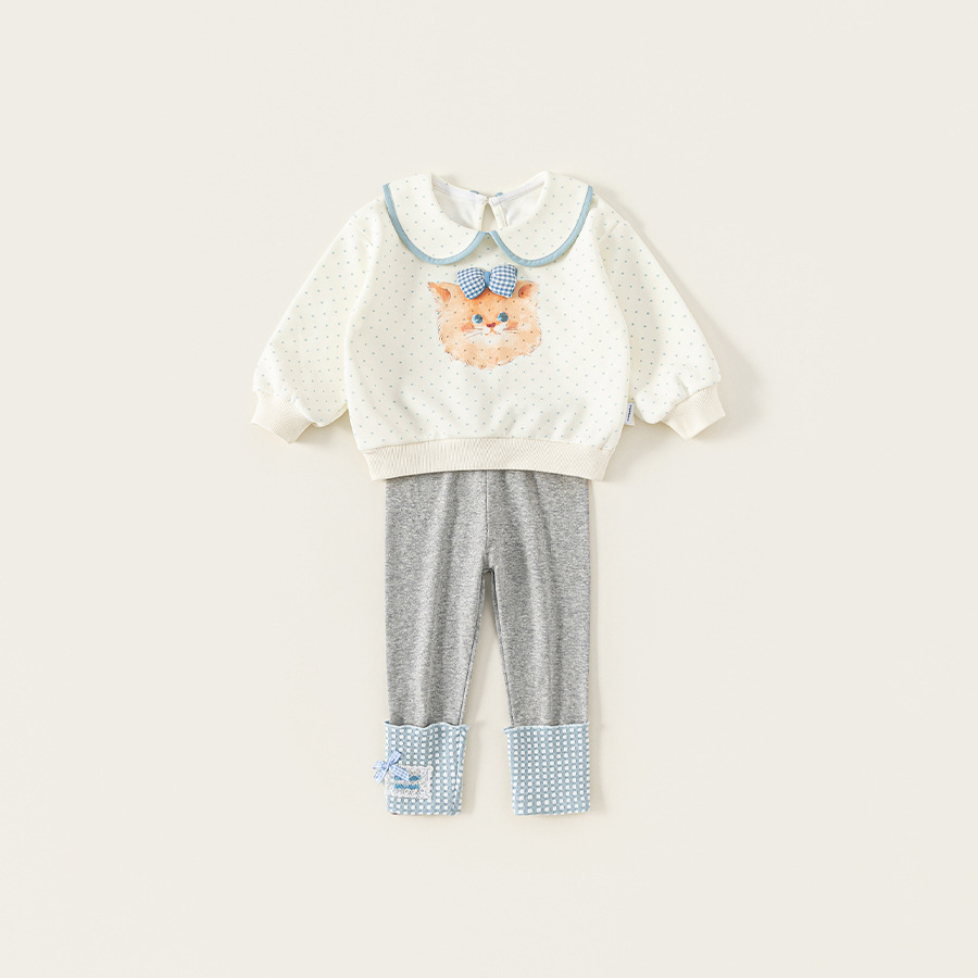 童裝女童套裝春季翻領波點衛衣拼接打底褲兒童兩件套衛衣套裝