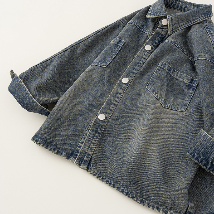 男童牛仔上衣中大童春秋款鉚釘做舊感復古外套男孩子長袖襯衫