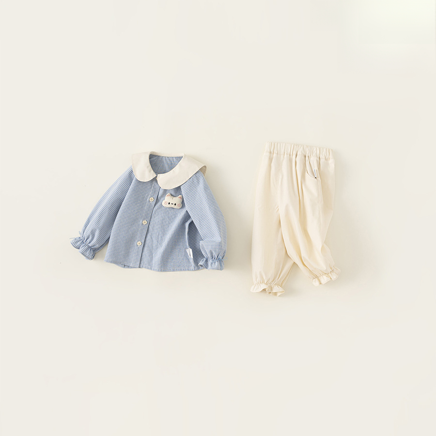 童裝女寶寶襯衫長褲兩件套25春季新款女童娃娃領格子上衣套裝